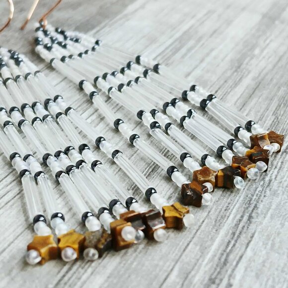 Beaded Fringe Dangle Earrings, Tigers Eye Stars, 3.5" - Picture 2 of 6